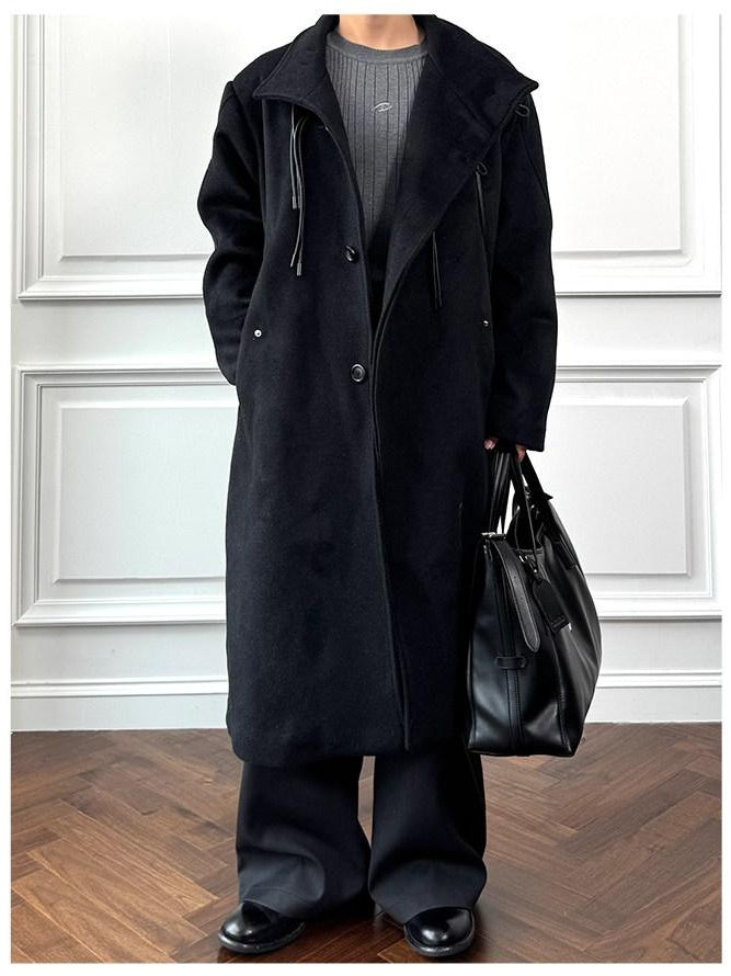 CATSSTAC Oversized Stand Collar Long Single Breasted Chinese Style Youth Black Wool Coats