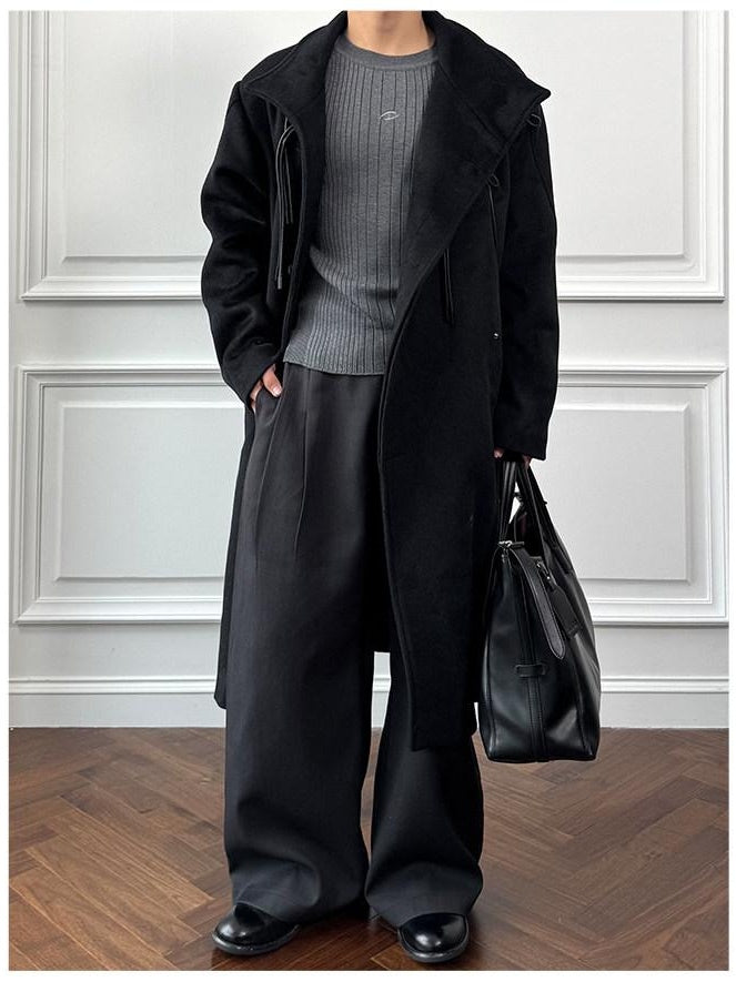 CATSSTAC Oversized Stand Collar Long Single Breasted Chinese Style Youth Black Wool Coats