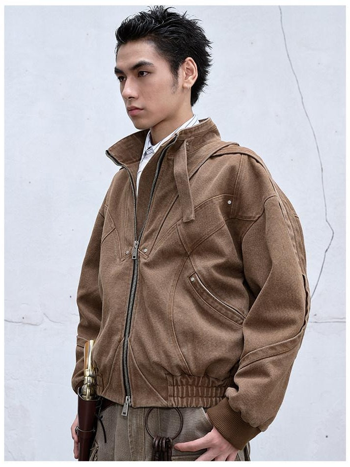 CATSSTAC Oversized Stand Collar Youthful Casual Long Sleeve Black Brown Cropped Jackets
