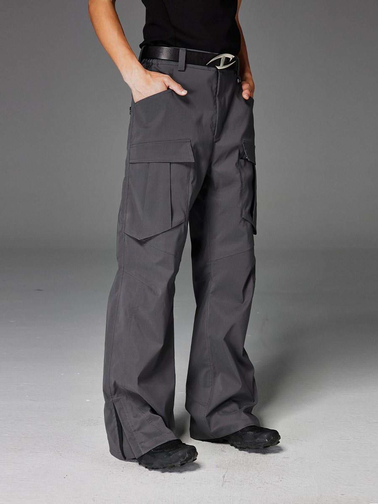 CATSSTAC Pleated Button Fly Casual Straight Leg Youth Everyday Black Gray Shell Pants