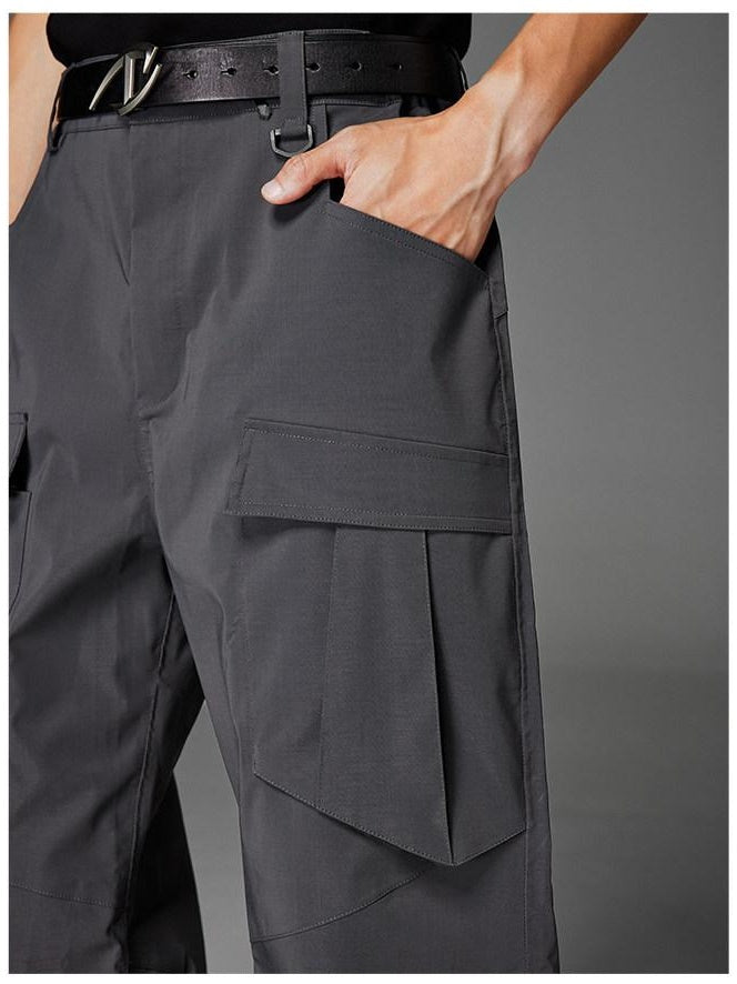 CATSSTAC Pleated Button Fly Casual Straight Leg Youth Everyday Black Gray Shell Pants