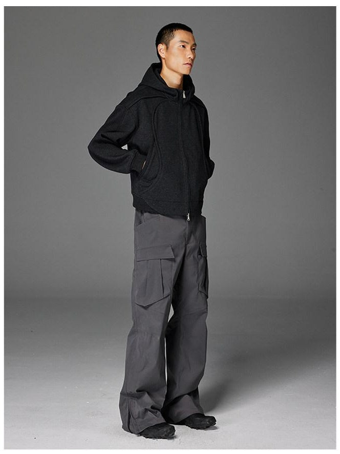 CATSSTAC Pleated Button Fly Casual Straight Leg Youth Everyday Black Gray Shell Pants