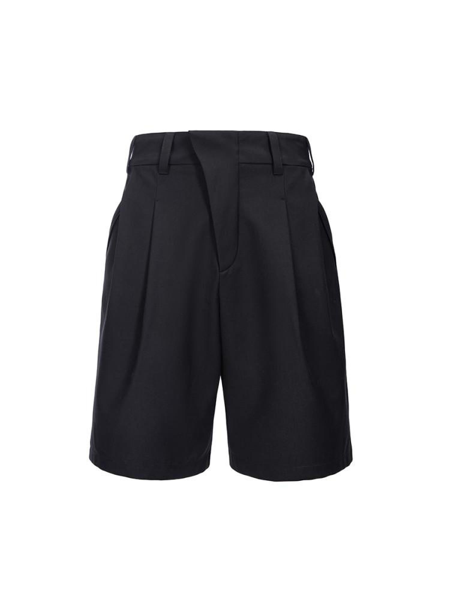 CATSSTAC Pleated Sheepskin Loose Straight Youth Black Zipper Fly Tailored Shorts