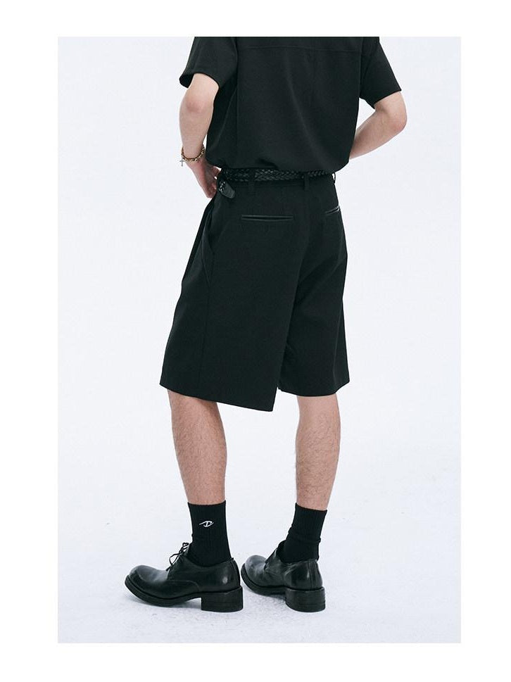 CATSSTAC Pleated Sheepskin Loose Straight Youth Black Zipper Fly Tailored Shorts