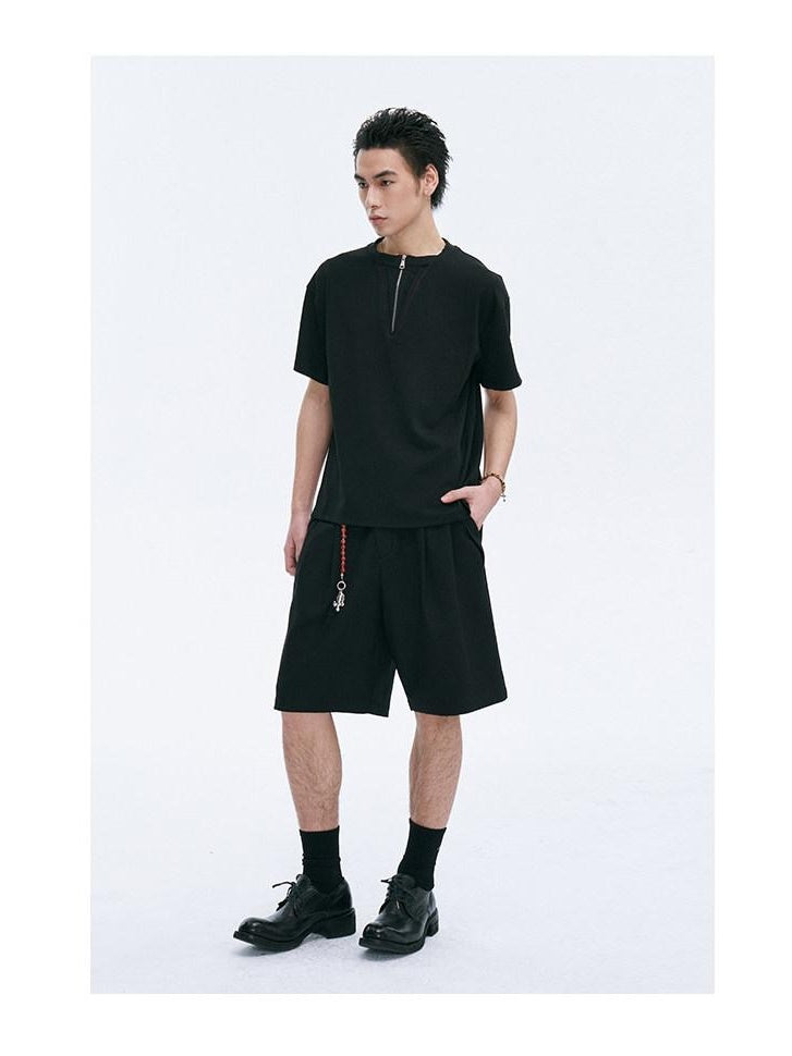 CATSSTAC Pleated Sheepskin Loose Straight Youth Black Zipper Fly Tailored Shorts