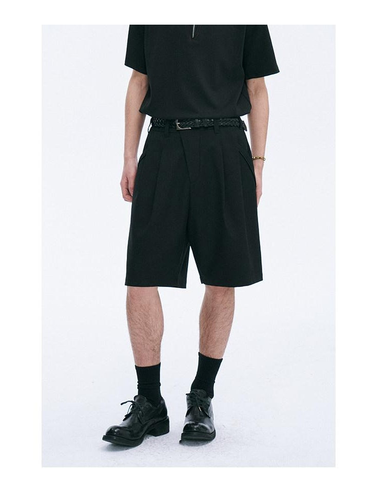 CATSSTAC Pleated Sheepskin Loose Straight Youth Black Zipper Fly Tailored Shorts