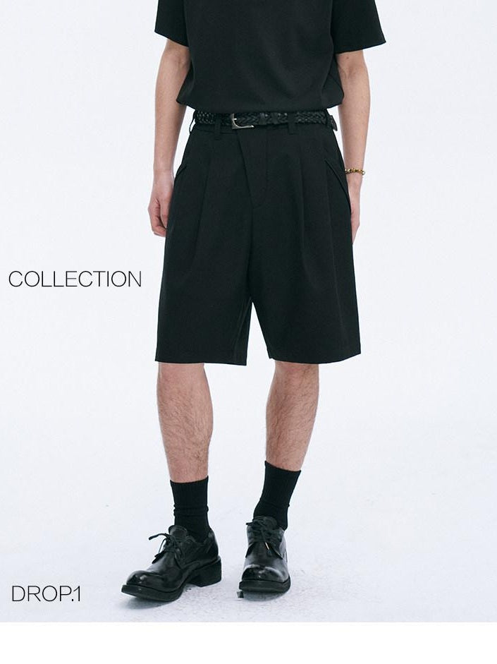 CATSSTAC Pleated Sheepskin Loose Straight Youth Black Zipper Fly Tailored Shorts