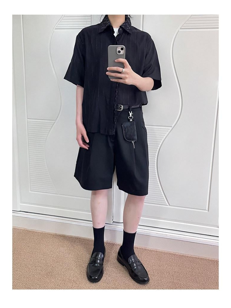 CATSSTAC Pleated Sheepskin Loose Straight Youth Black Zipper Fly Tailored Shorts
