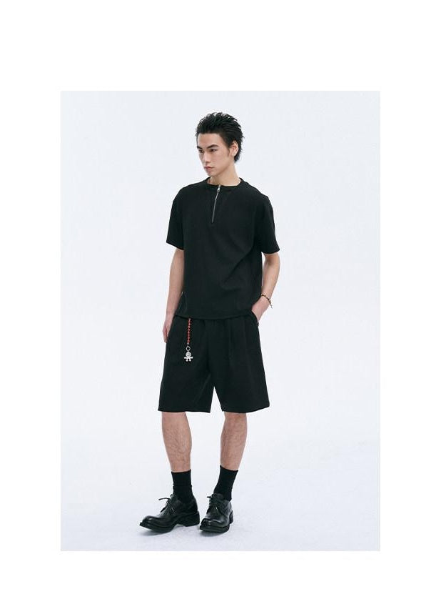 CATSSTAC Pleated Sheepskin Loose Straight Youth Black Zipper Fly Tailored Shorts