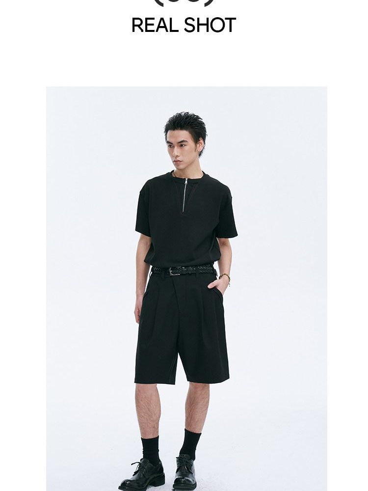 CATSSTAC Pleated Sheepskin Loose Straight Youth Black Zipper Fly Tailored Shorts