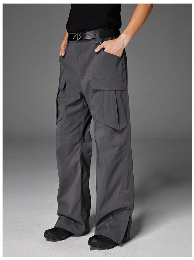 CATSSTAC Pleated Straight Leg Casual Daily Youth Button Fly Black Gray Shell Pants