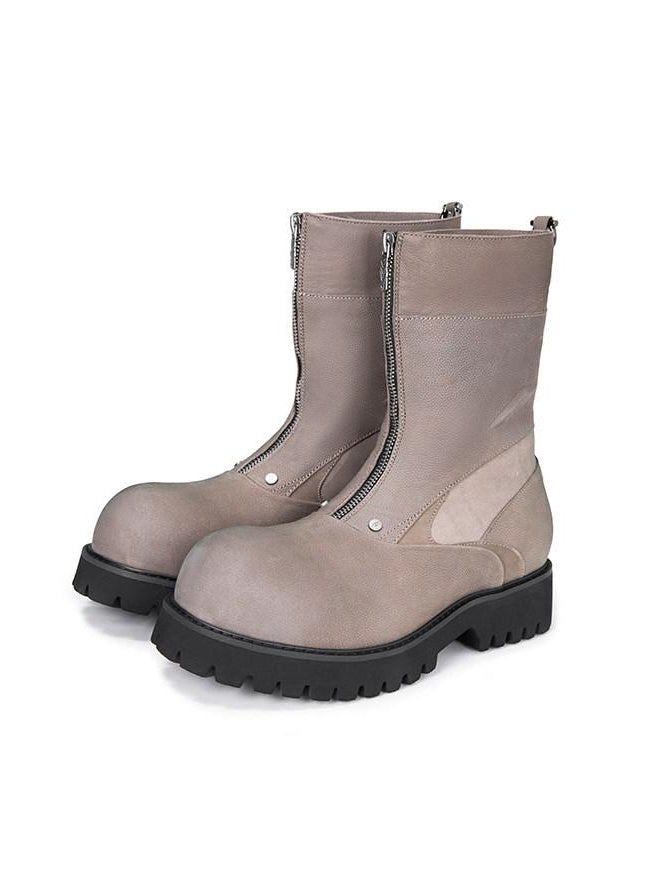 CATSSTAC Premium Cowhide Zipper Round Toe Casual Eva Sole High-Top Leather Boots