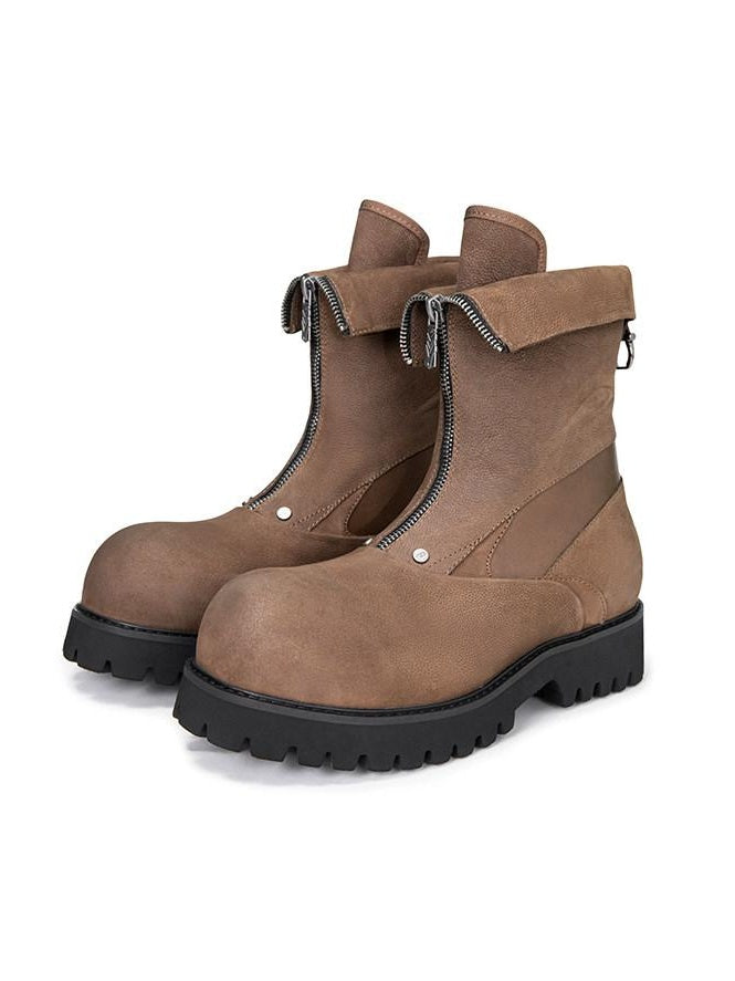 CATSSTAC Premium Cowhide Zipper Round Toe Casual Eva Sole High-Top Leather Boots