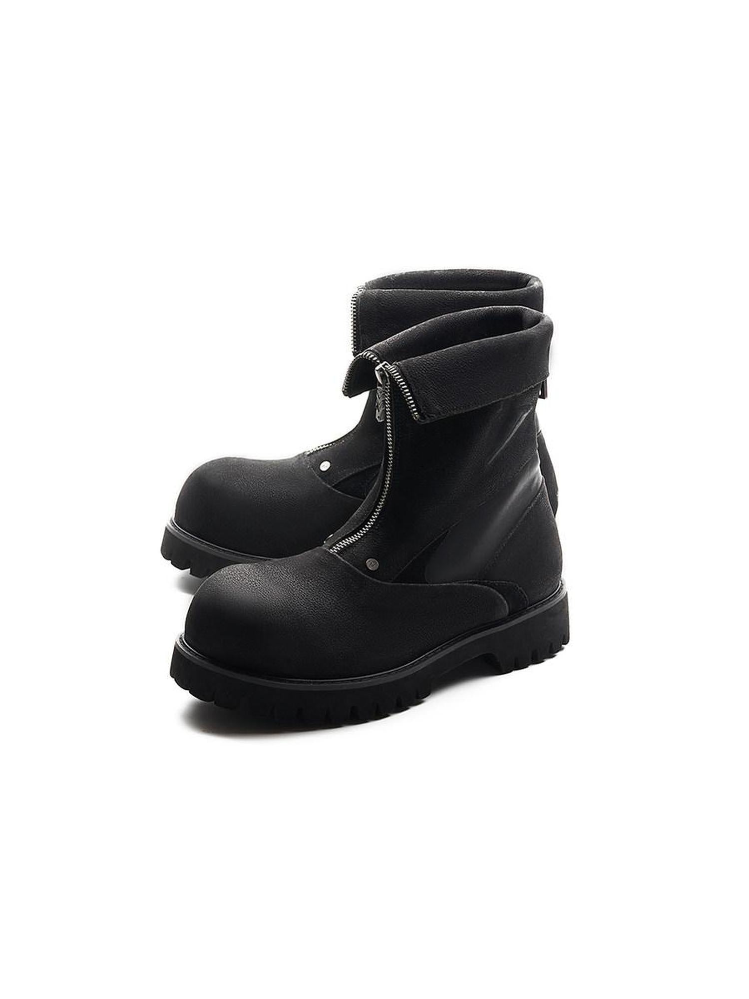 CATSSTAC Premium Cowhide Zipper Round Toe Casual Eva Sole High-Top Leather Boots