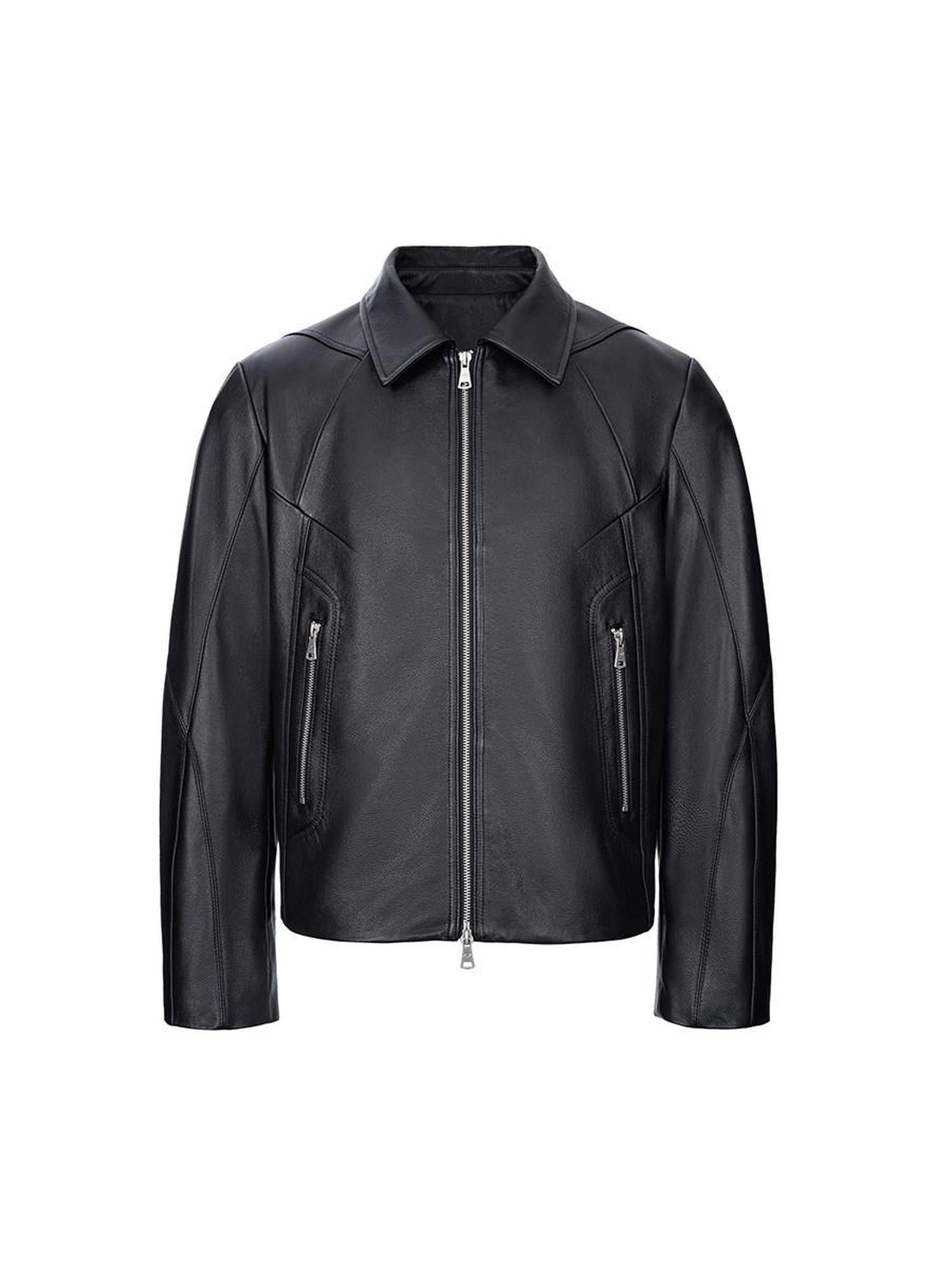 CATSSTAC Premium Top Grain Cowhide Loose Fit Lapel Zipper Unisex Black Leather Jackets