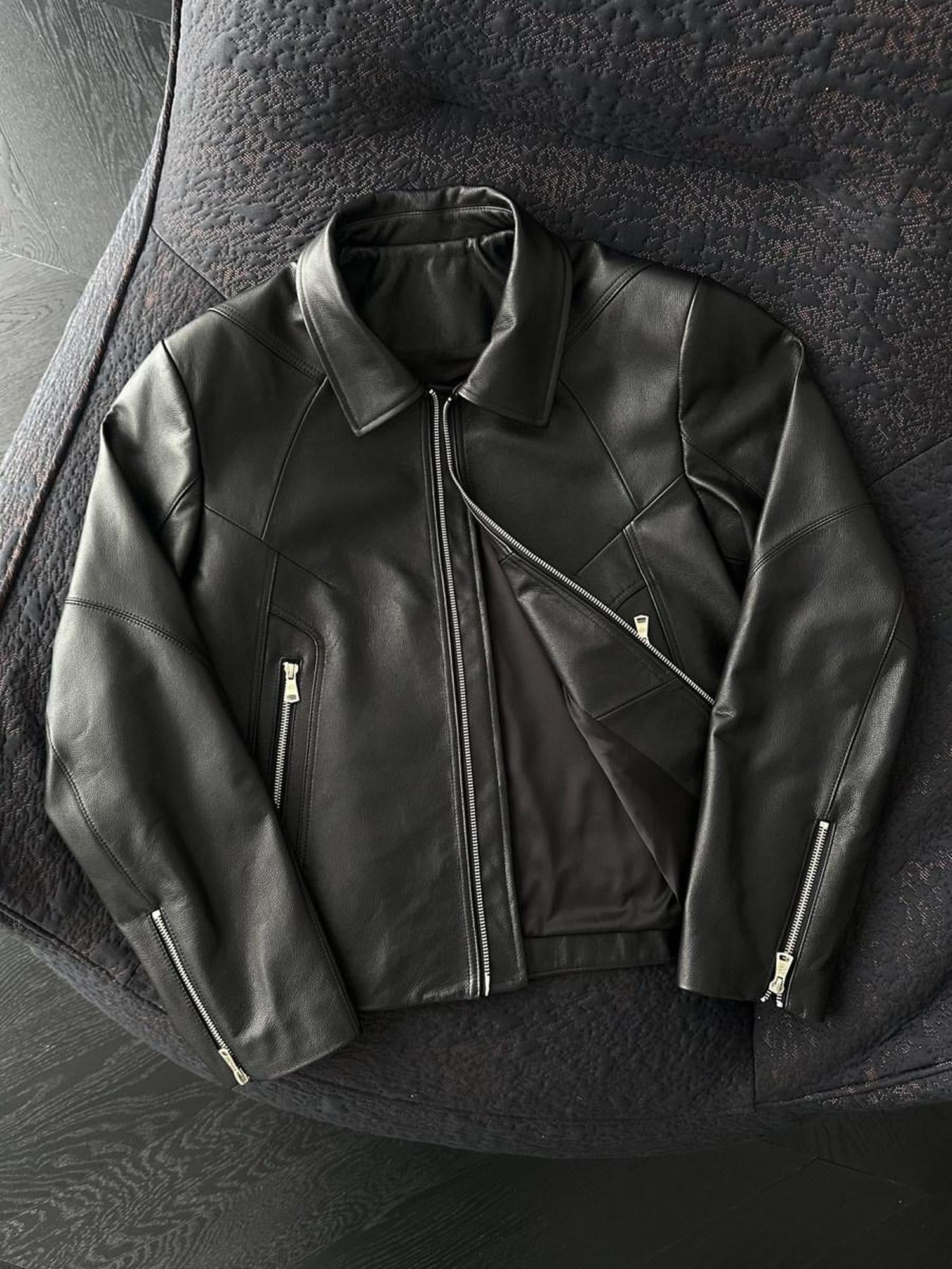 CATSSTAC Premium Top Grain Cowhide Loose Fit Lapel Zipper Unisex Black Leather Jackets