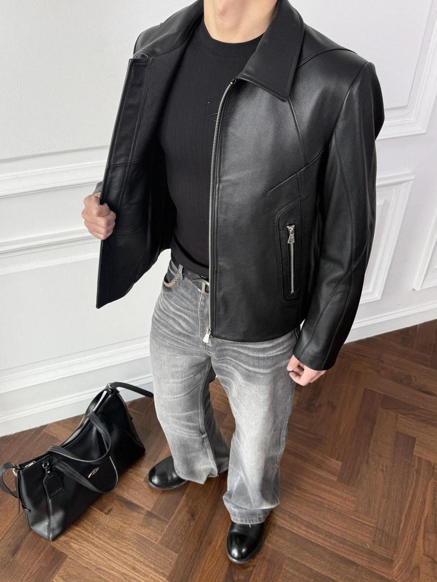 CATSSTAC Premium Top Grain Cowhide Loose Fit Lapel Zipper Unisex Black Leather Jackets