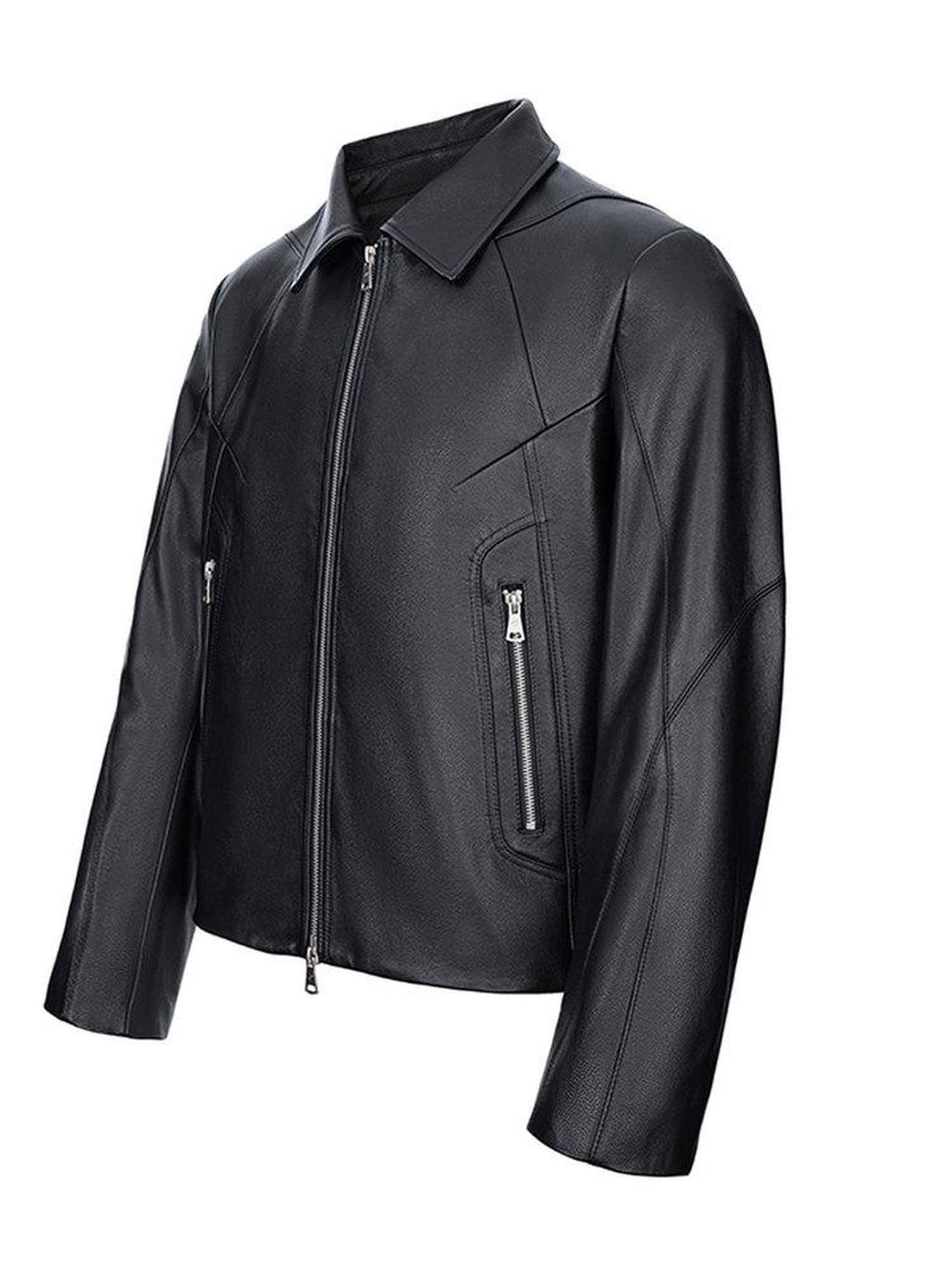 CATSSTAC Premium Top Grain Cowhide Loose Fit Lapel Zipper Unisex Black Leather Jackets