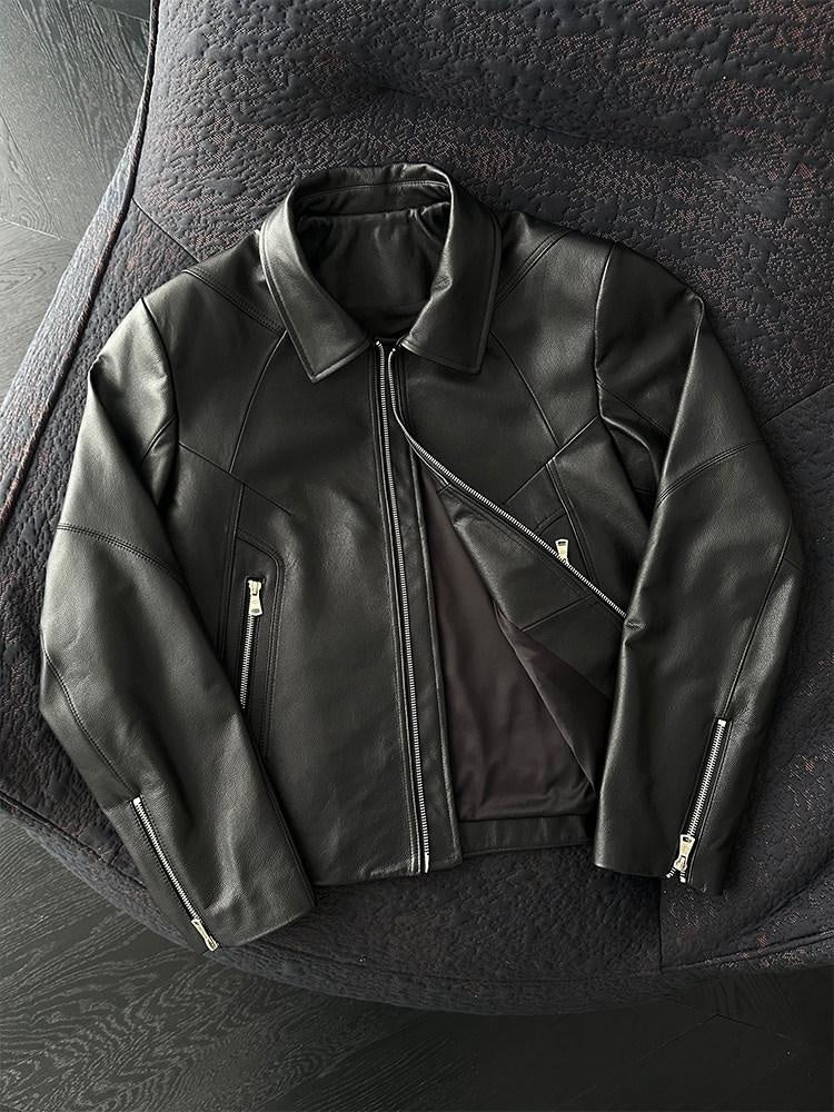 CATSSTAC Premium Top Grain Cowhide Loose Fit Lapel Zipper Unisex Black Leather Jackets