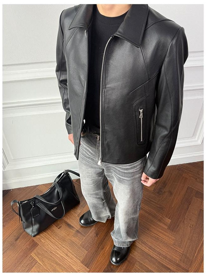 CATSSTAC Premium Top Grain Cowhide Loose Fit Lapel Zipper Unisex Black Leather Jackets