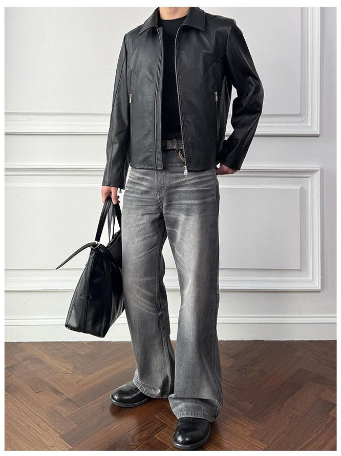 CATSSTAC Premium Top Grain Cowhide Loose Fit Lapel Zipper Unisex Black Leather Jackets