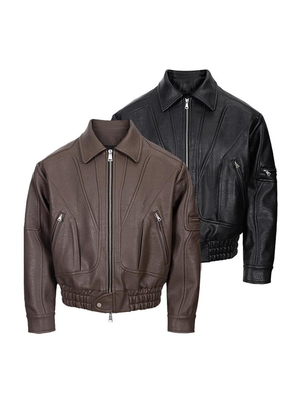 CATSSTAC Pu Leather Relaxed Boxy 3D Paneling Lapel Zipper Unisex Cropped Jackets
