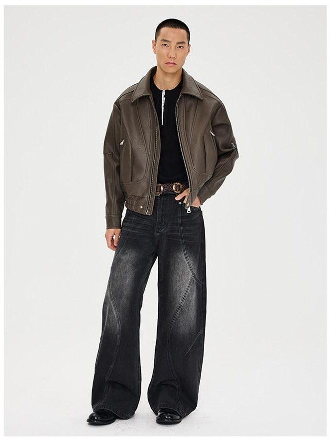 CATSSTAC Pu Leather Relaxed Boxy 3D Paneling Lapel Zipper Unisex Cropped Jackets