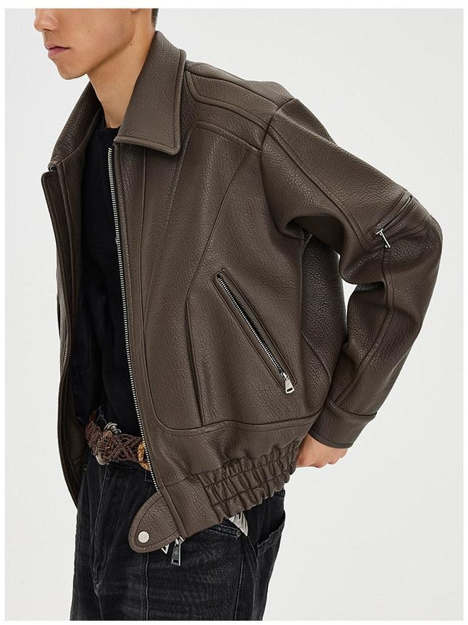 CATSSTAC Pu Leather Relaxed Boxy 3D Paneling Lapel Zipper Unisex Cropped Jackets
