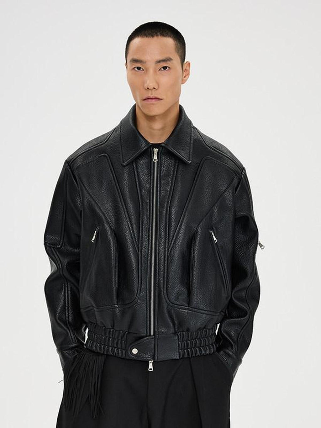 CATSSTAC Pu Leather Relaxed Boxy 3D Paneling Lapel Zipper Unisex Cropped Jackets