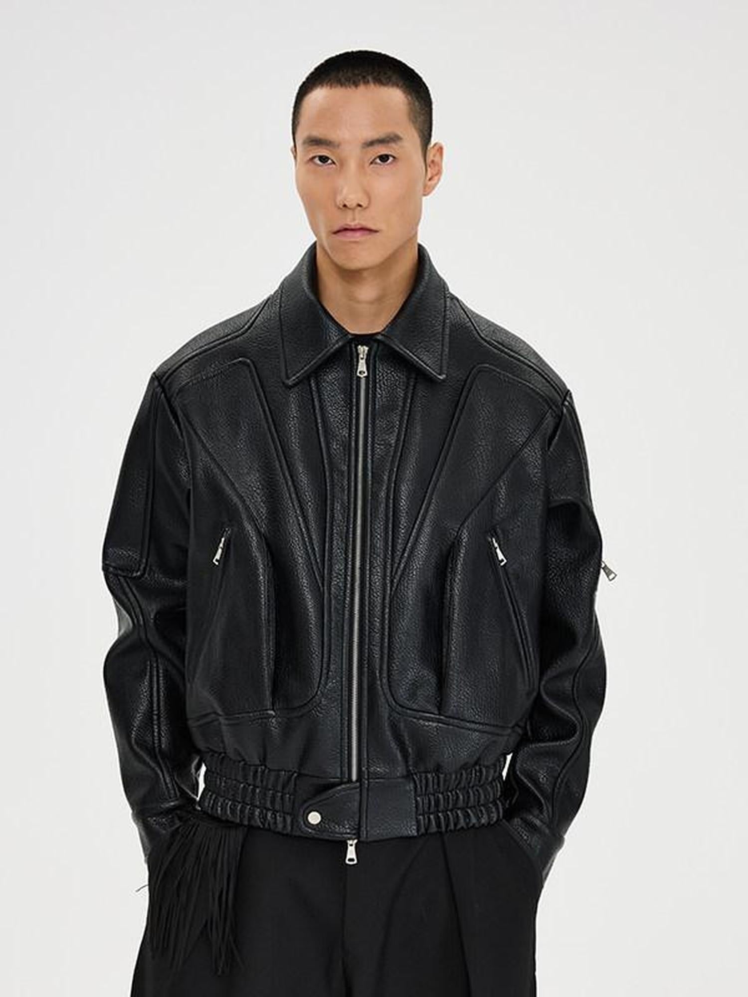CATSSTAC Pu Leather Relaxed Boxy 3D Paneling Lapel Zipper Unisex Cropped Jackets