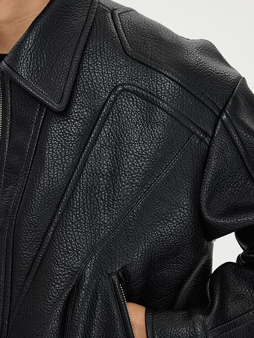 CATSSTAC Pu Leather Relaxed Boxy 3D Paneling Lapel Zipper Unisex Cropped Jackets