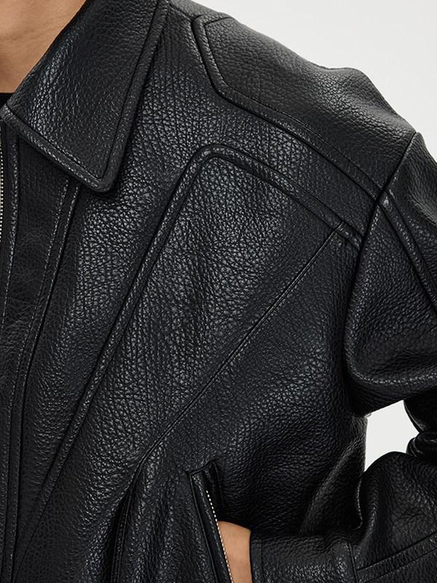 CATSSTAC Pu Leather Relaxed Boxy 3D Paneling Lapel Zipper Unisex Cropped Jackets