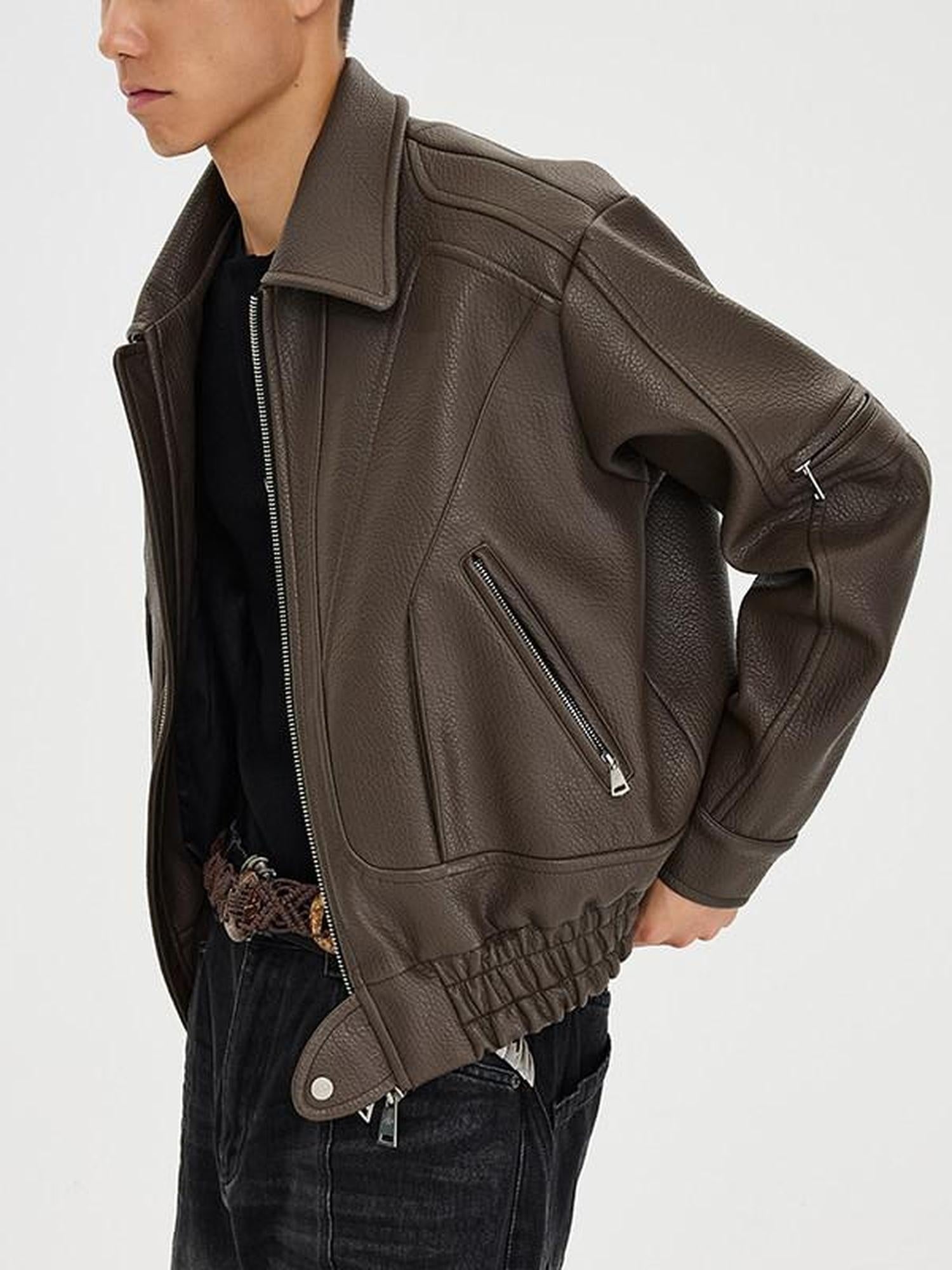 CATSSTAC Pu Leather Relaxed Boxy 3D Paneling Lapel Zipper Unisex Cropped Jackets