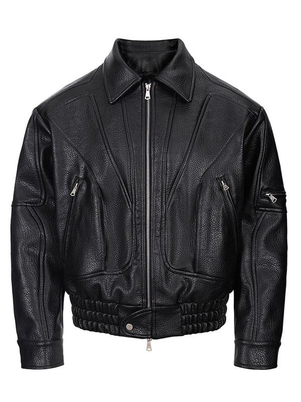 CATSSTAC Pu Leather Relaxed Boxy 3D Paneling Lapel Zipper Unisex Cropped Jackets
