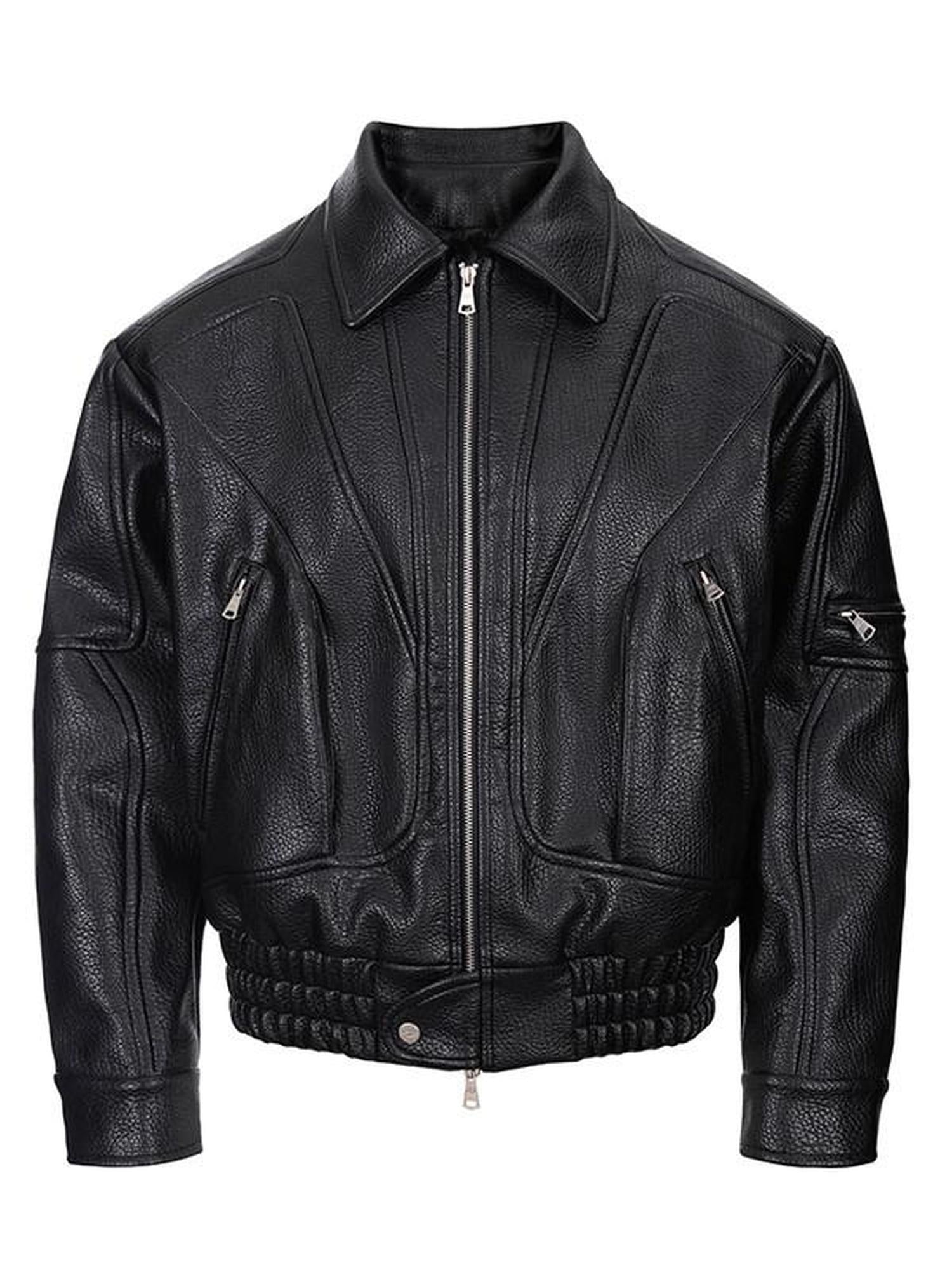 CATSSTAC Pu Leather Relaxed Boxy 3D Paneling Lapel Zipper Unisex Cropped Jackets