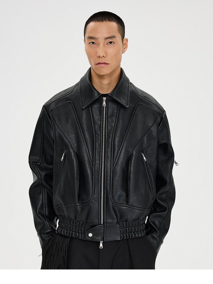 CATSSTAC Pu Leather Relaxed Boxy 3D Paneling Lapel Zipper Unisex Cropped Jackets