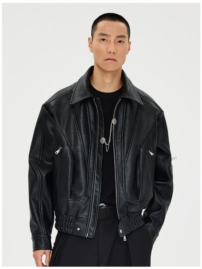 CATSSTAC Pu Leather Relaxed Boxy 3D Paneling Lapel Zipper Unisex Cropped Jackets