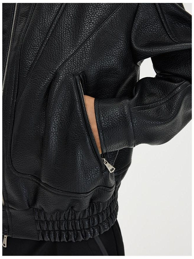 CATSSTAC Pu Leather Relaxed Boxy 3D Paneling Lapel Zipper Unisex Cropped Jackets