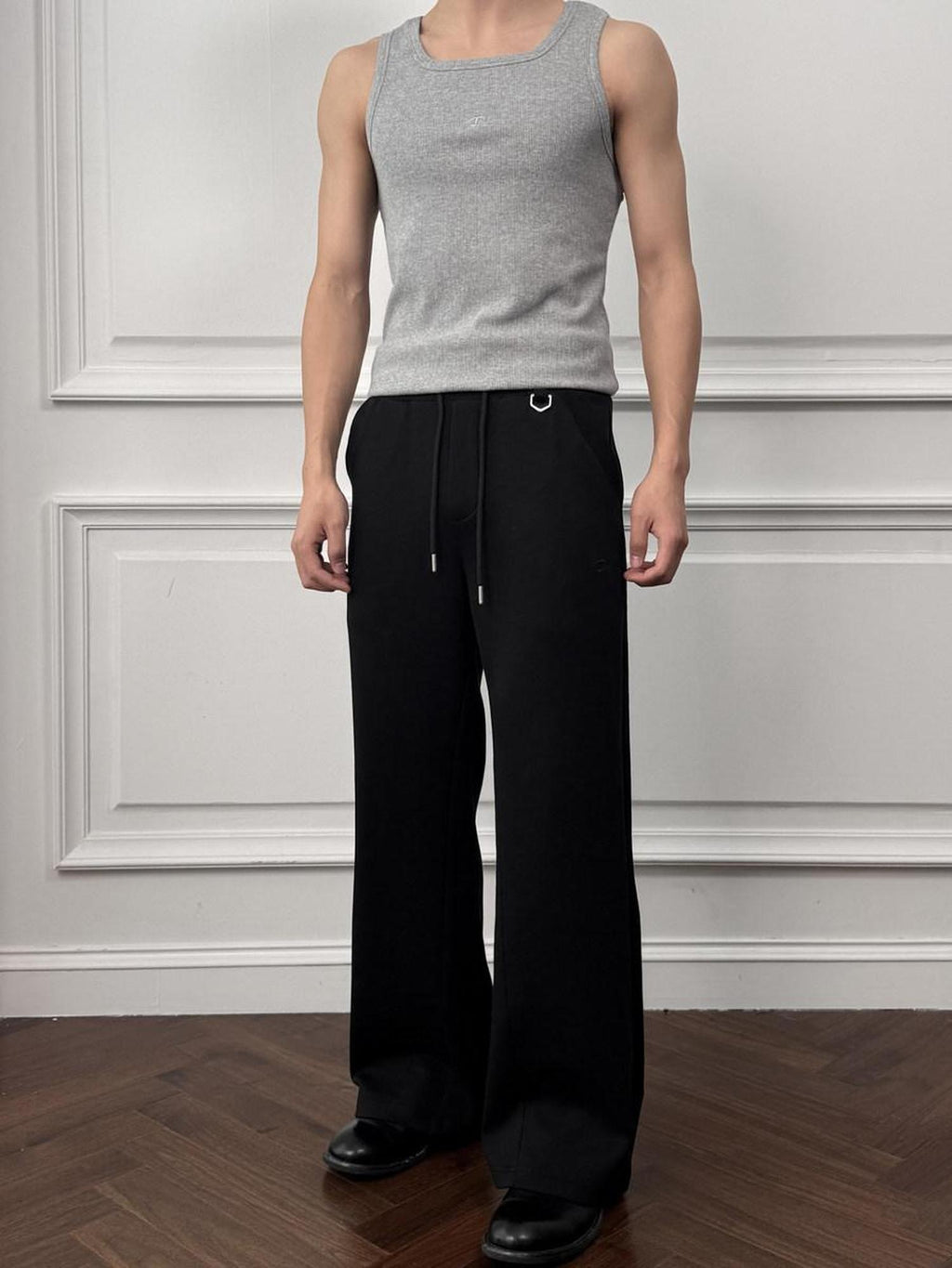 CATSSTAC Quick Dry Structured Loose Fit Drawstring Casual Black Grey Wide Leg Pants
