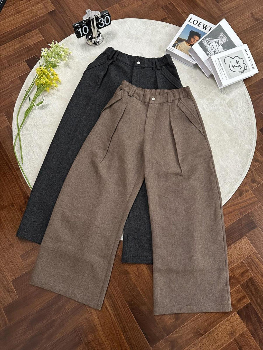 CATSSTAC Relaxed Loose Fit Cool Youthful Casual Solid Grey Brown Wide Leg Pants