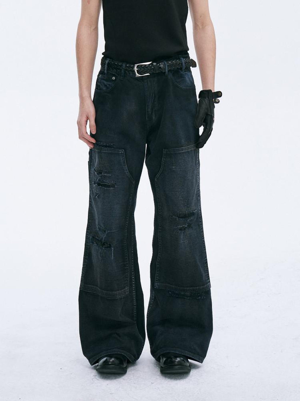 CATSSTAC Relaxed Mid Rise Black Trendy Wide Straight Zip Fly No Stretch Straight Pants