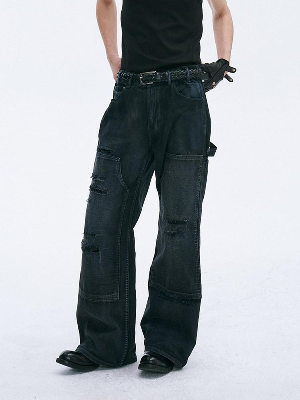 CATSSTAC Relaxed Mid Rise Black Trendy Wide Straight Zip Fly No Stretch Straight Pants
