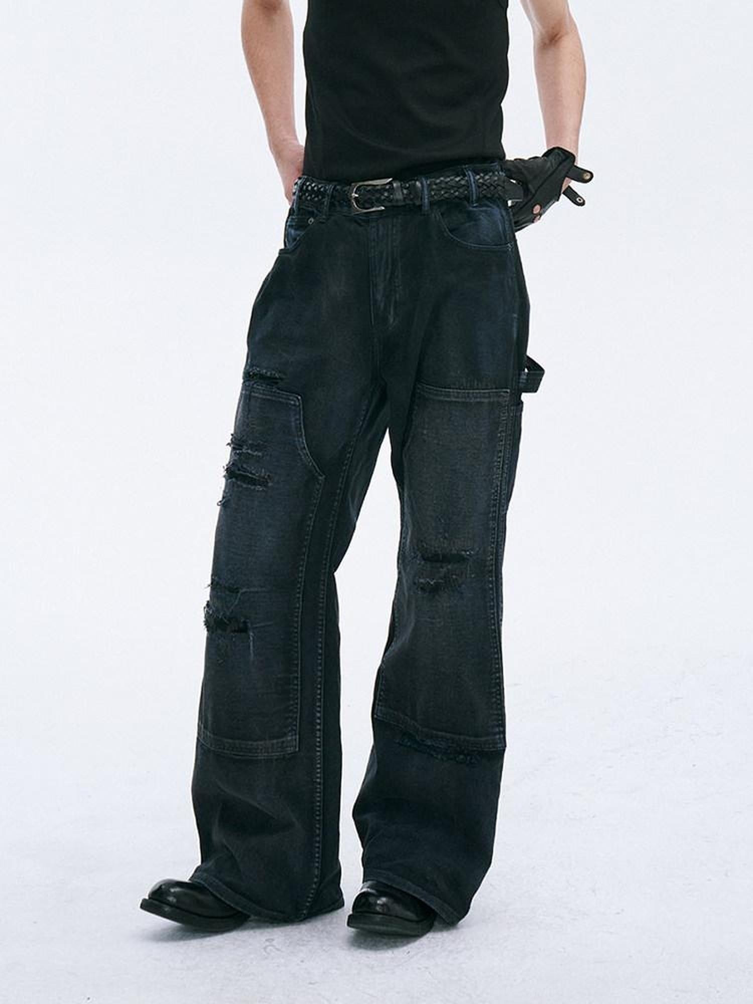 CATSSTAC Relaxed Mid Rise Black Trendy Wide Straight Zip Fly No Stretch Straight Pants