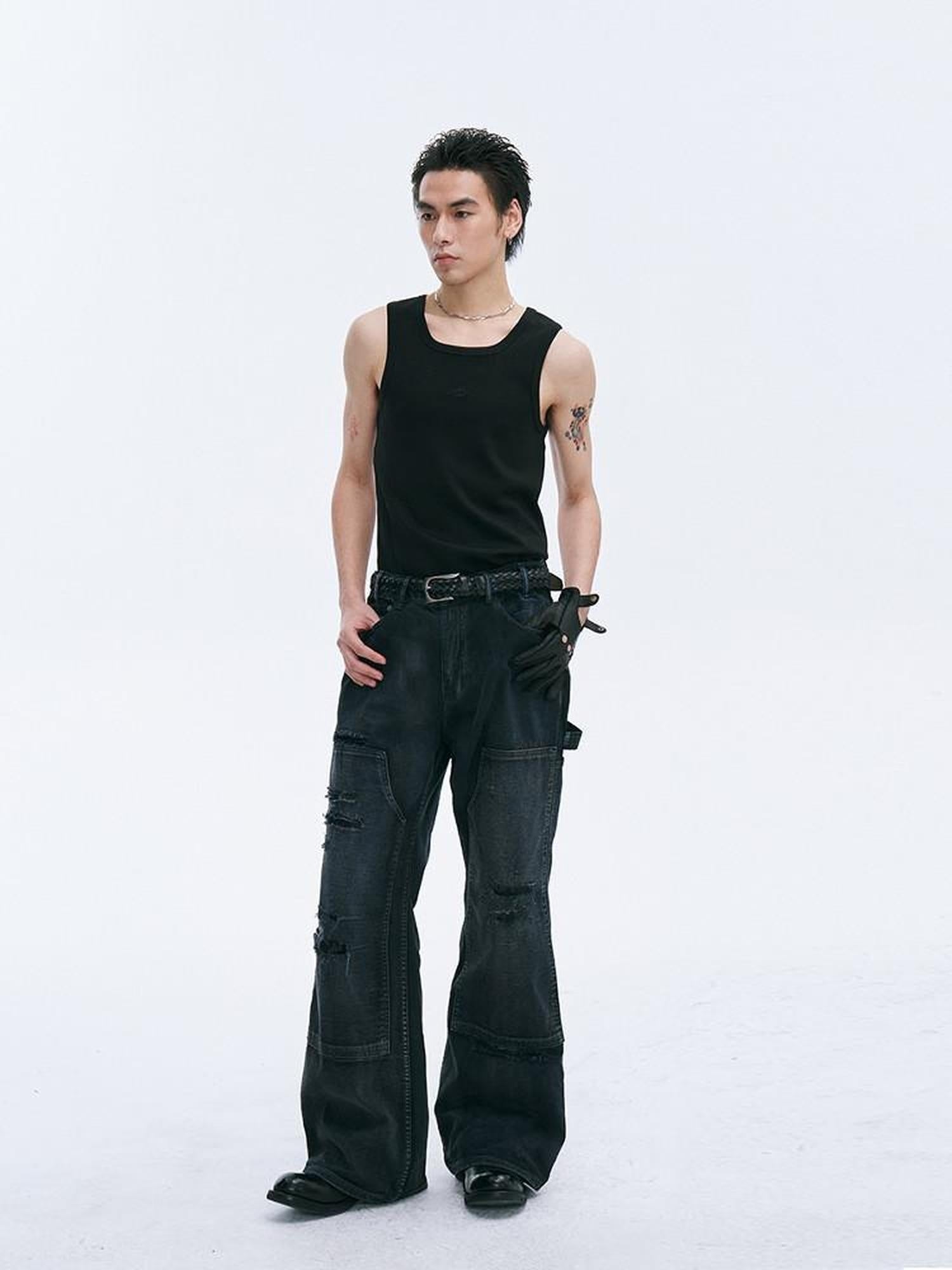 CATSSTAC Relaxed Mid Rise Black Trendy Wide Straight Zip Fly No Stretch Straight Pants