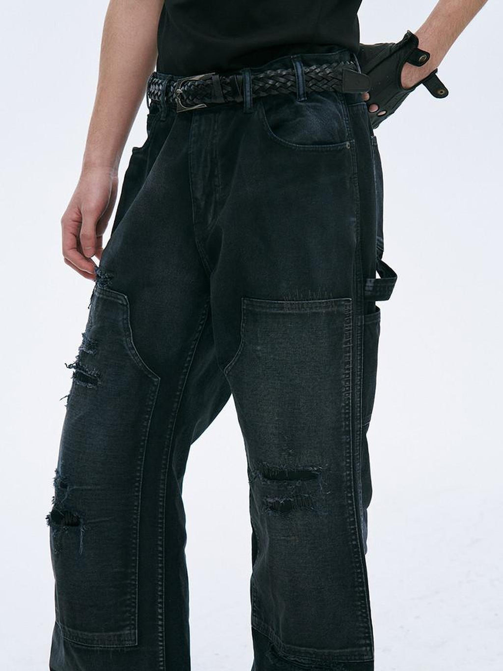 CATSSTAC Relaxed Mid Rise Black Trendy Wide Straight Zip Fly No Stretch Straight Pants