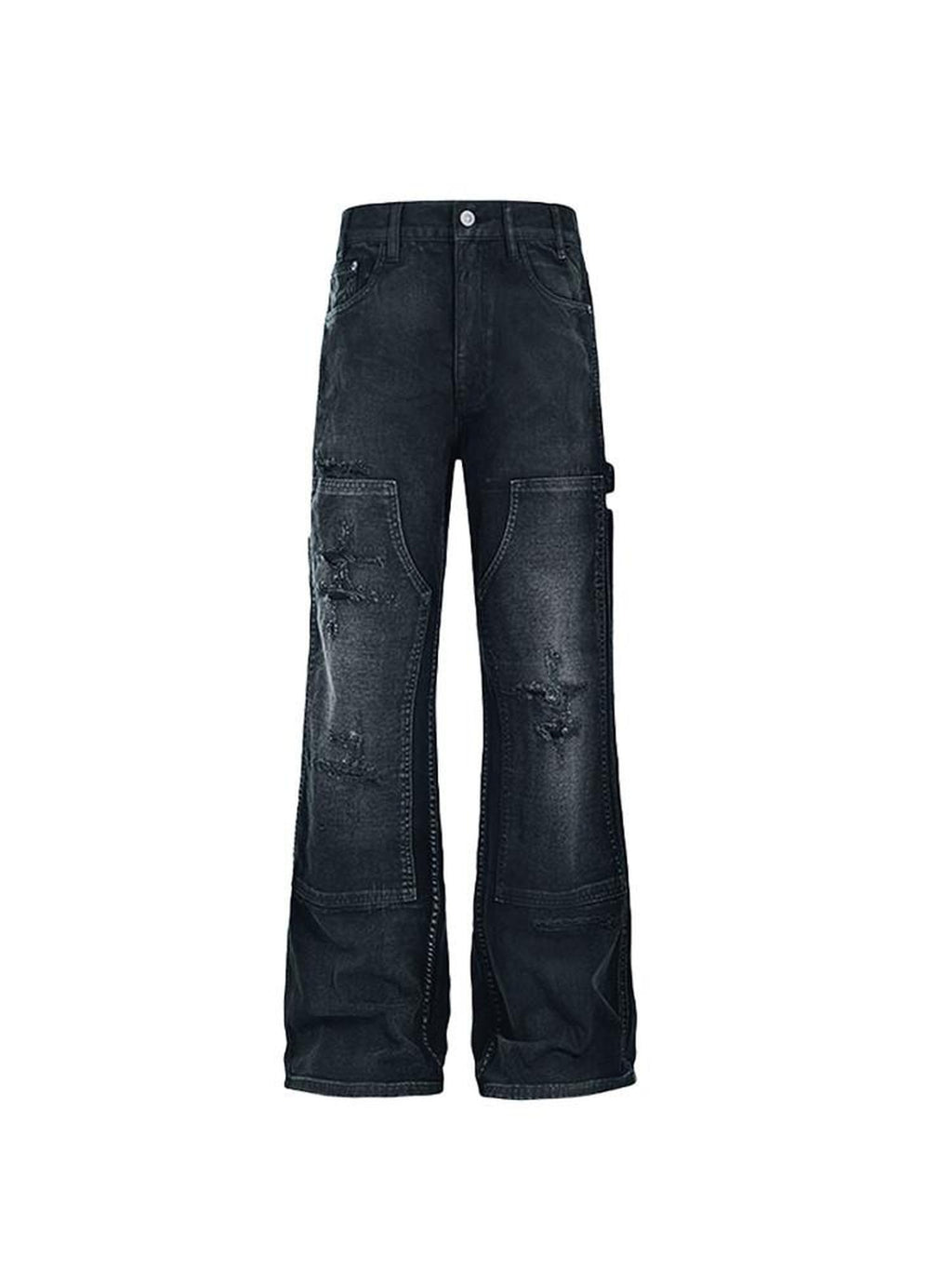 CATSSTAC Relaxed Mid Rise Black Trendy Wide Straight Zip Fly No Stretch Straight Pants