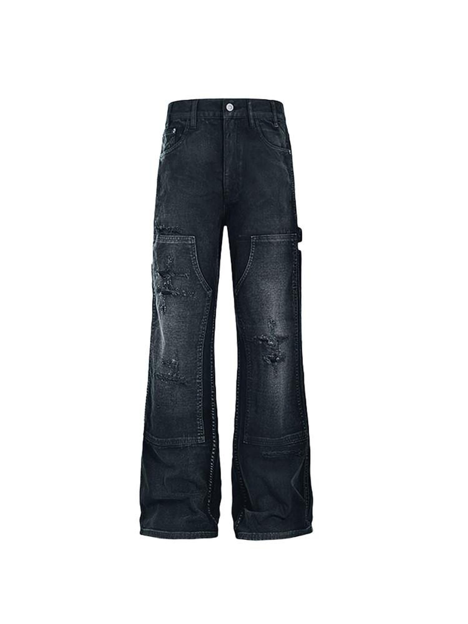 CATSSTAC Relaxed Mid Rise Black Trendy Wide Straight Zip Fly No Stretch Straight Pants