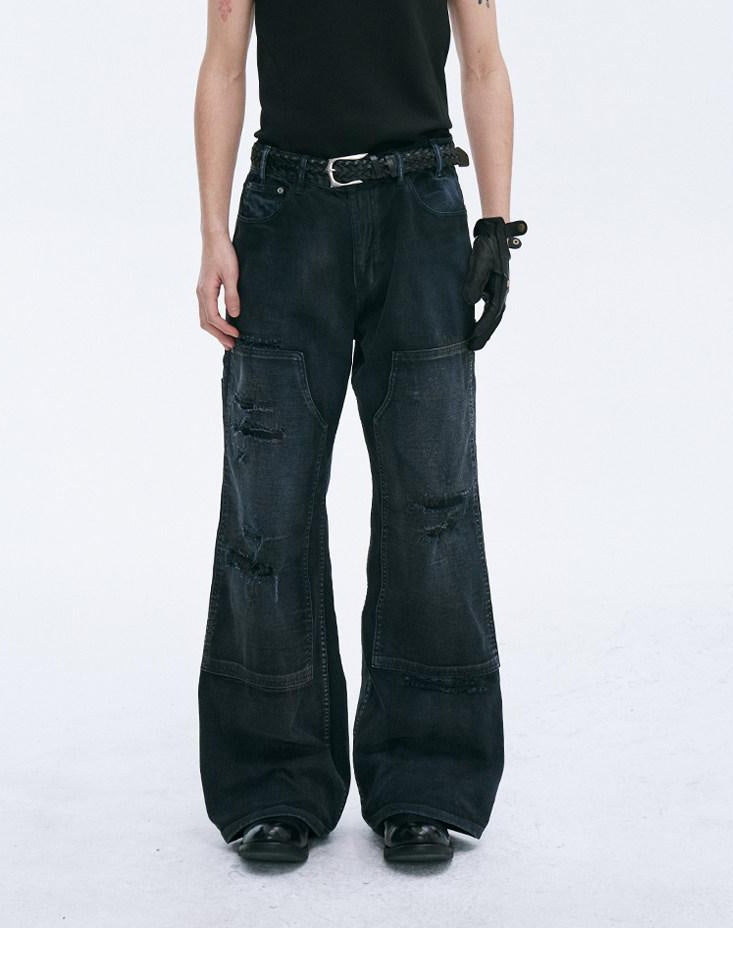 CATSSTAC Relaxed Mid Rise Black Trendy Wide Straight Zip Fly No Stretch Straight Pants