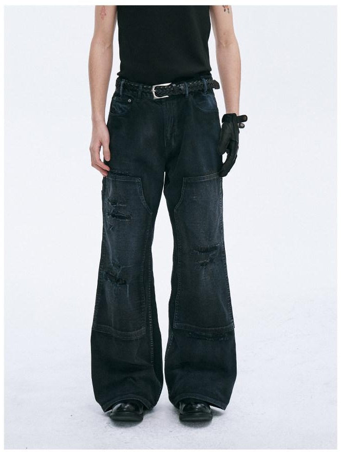 CATSSTAC Relaxed Mid Rise Black Trendy Wide Straight Zip Fly No Stretch Straight Pants