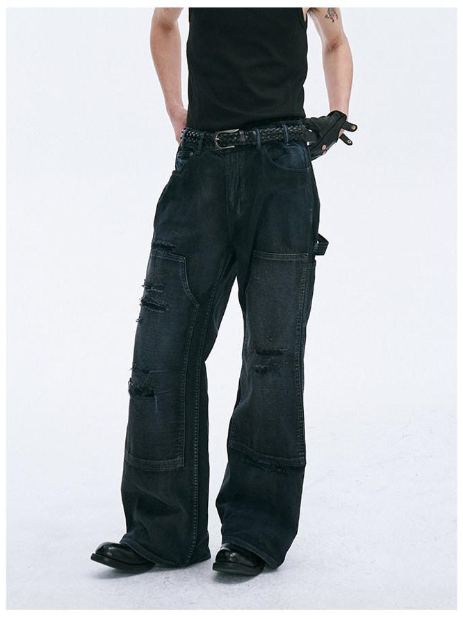CATSSTAC Relaxed Mid Rise Black Trendy Wide Straight Zip Fly No Stretch Straight Pants